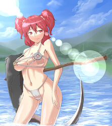 1girls bikini breasts cloud clouds female fundoshi huge_breasts komachi_onozuka large_breasts mountain ocean red_eyes red_hair river scythe sea short_twintails sky solo swimsuit tied_hair touhou tro twintails water