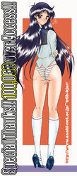 ass bishoujo_senshi_sailor_moon black_hair blush clothed_masturbation clothing female female_only footwear from_behind gray_striped_panties high_heels highres human kino_hitoshi long_hair looking_back masturbation milestone_celebration no_pants panties purple_eyes rei_hino school_uniform serafuku shoes socks solo straight_hair striped striped_panties underwear white_legwear white_socks