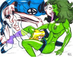 1boy 2008 2girls big_breasts bisexual bisexual_(female) blonde_hair breasts canon_couple cunnilingus fantastic_four female ffm_threesome green-skinned_female green_body green_hair green_skin hulk_(series) human invisible_woman licking long_penis long_tongue male marvel marvel_comics mr_fantastic naked_female nipples partially_transparent penis reed_richards rob_durham see-through_body she-hulk straight straight_hair sue_storm threesome transparent_body yuri