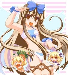 bikini blush bow brown_eyes brown_hair chibi flat_chest food fruit hairbow happy long_hair luna_child oekaki open_mouth perfect_memento_in_strict_sense salute star_sapphire_(touhou) sunny_milk swimsuit touhou very_long_hair watermelon