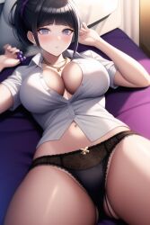 1girls ai_generated bedroom black_hair cleavage danganronpa danganronpa_another fanganronpa female_only grey_eyes kurokawa_mikako lying lying_on_back nai_diffusion on_back on_bed panties ponytail solo solo_female stable_diffusion unbuttoned_shirt white_shirt