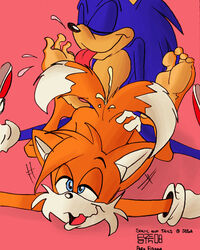 2008 anthro canine cum fox front_view fur furry furry_only furry_tail hedgehog interspecies licking male male_only mammal multi_tail multiple_boys no_humans pink_background salmacisreptile sega sex sonic_(series) sonic_team sonic_the_hedgehog sonic_the_hedgehog_(series) sonic_the_hedgehog_2 straight_hair tail tails yaoi