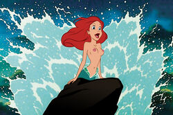 1girls adamantp areolae ariel breasts disney disney_princess erect_nipples female female_only mermaid night nipples outdoors small_breasts solo the_little_mermaid topless water