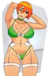 1girls 2020s 2023 armpits ben_10 big_breasts bikini cartoon_network donchibi female female_only future_gwen green_bikini green_eyes green_swimsuit gwen_tennyson looking_at_viewer red_hair seductive seductive_smile solo swimsuit tagme