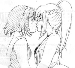 2girls amemiya_sayaka angry angry_kiss artist_request blush braid closed_eyes embarrassed female hairband happy kissing long_hair monochrome multiple_girls nintendo osu!_tatakae!_ouendan osu_tatakae_ouendan ponytail rin_shirosaki sayaka_amemiya shirosaki_rin short_hair shy smile sweat symmetrical_docking tied_hair yuri