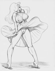 areola big_breasts disney dress eyeshadow female female_only hair_over_one_eye heels human jessica_rabbit julius_zimmerman lipstick long_hair marilyn_monroe marilyn_monroe_(cosplay) monochrome nipples panties skirt_lift solo who_framed_roger_rabbit windy_skirt