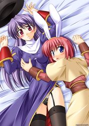 acolyte acolyte_(ragnarok_online) blue_eyes blush bunny_ears cross garter_belt hand_on_breast lingerie on_bed panties pink_eyes pink_hair priest priest_(ragnarok_online) purple_hair ragnarok_online