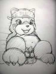 1boy anthro balls bear bearmon black_and_white blush chubby claws clothing cum cum_on_penis digimon erection fangs fur greyscale hat inukamiinukami male male_only mammal masturbation monochrome open_mouth paws pencil_(artwork) penis plain_background solo teeth traditional_media_(artwork)