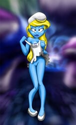 adamantp blonde_hair blue_skin breasts female female_only long_hair nipples pussy smurf smurfette solo tagme the_smurfs