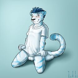 1boy anthro balls bottomless bulge clothing erection feline fur furry iztli male male_only mammal penis shirt solo tiger