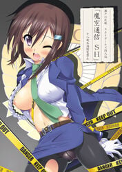 arms_behind_back arms_tied arms_tied_behind_back bondage bound_wrists caution_tape erect_nipples mawari_zenigata my_bride_is_a_mermaid nipples open_clothes open_shirt panties panties_under_pantyhose pantyhose police police_uniform policewoman seto_no_hanayome shinozuka_atsuto shirt underwear uniform wink zenigata_mawari