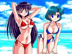 2006 2girls ami_mizuno arms_up bikini bishoujo_senshi_sailor_moon blue_eyes blue_hair breasts cleavage clouds female female_only human long_hair multiple_females navel pirochi purple_eyes purple_hair rei_hino sailor_mercury short_hair side-tie_bikini sky small_breasts smile straight_hair swimsuit