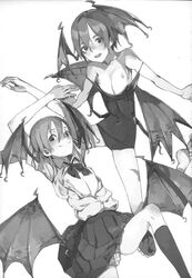 capcom clothing comic darkstalkers doru_riheko female flat_chest lilith_aensland monochrome morrigan_aensland one-piece_swimsuit sarurururu skirt swimsuit tagme