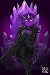 anthro armor black_armour clothed crown crystals dark_skin dominant female imperious looking_at_viewer magic magical_girl nec'rose_(pvz) pink_eyes plant plants_vs_zombies plants_vs_zombies:_garden_warfare pose powerful purple_background purple_eyes purple_skin pvz rose rose_(pvz) sfw sitting throne