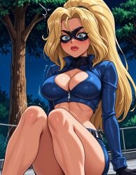 ai_generated artist_name belt black_belt black_gloves blonde_hair blue_eyes blue_shorts blue_skirt blush breasts cleavage cleavage_cutout closed_mouth clothing clothing_cutout crop_top domino_mask erotica_jones eye_mask feet_out_of_frame female female female_only gloves jacket jousneystudio knees_together_feet_apart knees_up large_breasts lips lipstick long_hair long_sleeves looking_down makeup mask midriff navel night night_sky outdoors patreon_logo patreon_username pink_lips ponytail red_lips shorts sitting skirt sky solo star_(sky) starry_sky stripperella stripperella_(character) thighs tree trembling web_address zipper zipper_pull_tab