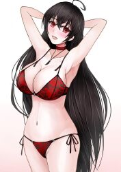 :d ahoge armpits arms_behind_head arms_up azur_lane black_hair blush bra breasts cg choker cleavage collarbone cowboy_shot female gradient_background groin hair_between_eyes jewelry large_breasts lingerie long_hair looking_at_viewer navel necklace open_mouth panties red_bra red_choker red_eyes red_panties side-tie_panties simple_background smile solo standing stomach string_panties taihou_(azur_lane) underwear underwear_only very_long_hair white_background