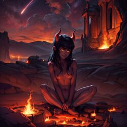 ai_generated black_hair building civitai comet demon_girl female fire fringe glowing_eyes hell hellscape horns indian_style looking_at_viewer nude outdoors petite pointy_ears red_skin rocks sitting sitting_on_ground smiling smoke teeth toned yellow_eyes