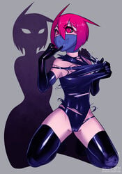 black_gloves black_legwear cameltoe clothed dual_persona elbow_gloves finger_to_mouth hand_on_shoulder kneeling kunoichi latex leotard looking_at_viewer mask monster ninja ninjakitty ninjakitty_(character) original red_eyes red_hair shadow shiny shiny_clothes short_hair simple_background smile thighhighs torn_clothes