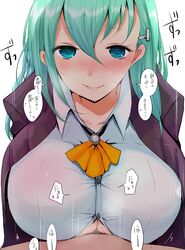 ascot bangs blazer blush breasts female green_eyes green_hair hair_ornament hairclip han_(jackpot) hanging_breasts highres kantai_collection large_breasts looking_at_viewer paizuri paizuri_under_clothes parted_lips pov smile suzuya_(kantai_collection) sweat text translation_request