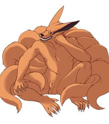 anthro anthro_only balls barazoku canine fox fully_sheathed kurama lock-wolf looking_down male male_only mammal muscles naruto nsfwolff nude plain_background sheath sitting solo teeth white_background