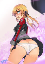 ass ass_cleavage blonde_hair blue_eyes blush butt_crack def_(chronowarld) female kantai_collection long_hair looking_at_viewer looking_back panties prinz_eugen_(kantai_collection) signature skirt solo underwear uniform upskirt