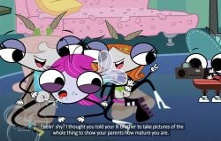 1boy 2024 3girls accurate_art_style antennae_(anatomy) anthro ass ass_up background_character c.dash37 camera caption cunnilingus disney disney_channel female fly forced forced_oral forced_yaoi freckles freckles_on_ass logo maggie_pesky male moth moth_girl moth_wings moths oral oral_sex parody pupert_pesky pussy pussy_juice saliva saliva_string saliva_trail taking_picture text the_buzz_on_maggie tongue tongue_out wings yuri yuri_with_male_audience