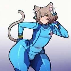 1boy :3 ai_generated animal_ear_fluff animal_ears blue_bodysuit blush bodysuit bow brown_hair bulge cat_boy cat_ears cat_tail closed_mouth cosplay felix_argyle gradient_background hairbow looking_at_viewer male_focus otoko_no_ko r34whiplashai_(artist) short_hair skin_tight smile solo tail thick_eyebrows thick_thighs thighs white_bow zero_suit