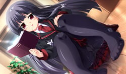 black_hair black_panties black_pantyhose blush book cameltoe game_cg hime_cut imouto_paradise long_hair looking_at_viewer moonstone_cherry nanase_michika open_mouth panties_under_pantyhose skirt tie