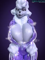 3d_(artwork) absurd_res anthro big_breasts blue_eyes breasts canid canine canis cleavage clothed clothing digit_ring digital_media_(artwork) domestic_dog female finger_ring fortnite fur hi_res huge_breasts jewelry lady_poodlina mammal poodle purple_background simple_background smile solo teknotyk thick_thighs twilightv0ids_(modeler) white_body white_fur wide_hips