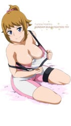 absurdres bike_shorts blue_eyes bra bra_pull breasts brown_hair female gundam gundam_build_fighters gundam_build_fighters_try highres hoshino_fumina large_breasts nipples ponytail seiza short_hair sitting solo sports_bra strap_slip tied_hair tonotyama underwear