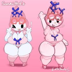 1:1 2024 absurd_res anthro areola_outline artist_name ass big_breasts big_butt black_eyes blue_bow blush blush_stickers breasts camel_toe cleavage clothed clothing colored curvy_figure digital_drawing_(artwork) digital_media_(artwork) double_v_sign exclamation_point eyelashes eyewear fashion female flower_glasses footwear fur g-string genital_outline gesture glasses glistening glistening_body glistening_breasts glistening_thighs gradient_background hand_gesture heart_symbol hi_res huge_breasts huge_thighs lagomorph legwear leporid lofasnofa mammal my_melody nipple_outline nipples_visible_through_clothing one_eye_closed onegai_my_melody open_mouth panties pink_background pink_clothing pink_eyewear pink_footwear pink_glasses pink_hood pink_legwear pink_panties pink_shirt pink_shoes pink_thigh_highs pink_tongue pink_topwear pink_underwear rabbit sanrio shaded shirt shoes simple_background smile solo text thick_thighs thigh_highs thong tongue topwear underwear v_sign voluptuous voluptuous_anthro voluptuous_female vulva_outline white_body white_fur wide_hipped_anthro wide_hipped_female wide_hips wink yellow_nose