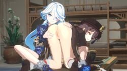 2girls 3d ass ass_grab assisted_presentation bed blue_eyes brown_hair cyan_hair doggy_style furina_(genshin_impact) genshin_impact hat heterochromia horny hu_tao_(genshin_impact) looking_at_viewer partially_nude petite plant pussy red_eyes sansonnsfw short_hair showing_ass sitting smile smiling table thighs twintails white_hair