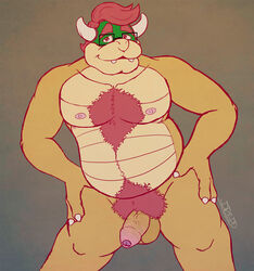 1boy anthro balls ballsack biceps body_hair bowser chest_hair chubby dragon dredd_(artist) erection eyewear foreskin glasses horns humanoid_penis intact king koopa looking_at_viewer male male_nipples male_only male_pubic_hair mario_(series) musclegut muscles muscular_male navel nintendo nude_male pecs penis pubes red_hair reptile royalty scalie scrotum semi-erect sharp_teeth smile solo standing teeth testicles turtle uncut unretracted_foreskin vein veiny_penis