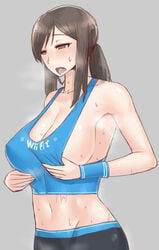 1girls abs black_hair breasts erect_nipples female_only grey_eyes heavy_breathing huge_breasts human navel nintendo sideboob sweat wet wii_fit wii_fit_trainer wolffeld_price