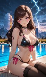 ai_generated bikini black_lingerie black_stockings brown_eyes brown_hair city city_background cityscape cleavage d.va face_focus highres lightning long_brown_hair long_hair looking_at_viewer medium_breasts mirresex non-nude overwatch panties pool poolside pretty pretty_girl self_upload sitting stockings storm tagme thunderstorm wavy_hair