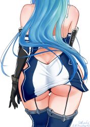 ass ass_focus azur_lane back bare_shoulders black_gloves black_panties blue_hair blue_thighhighs butt_crack cg clothing_cutout dated dress elbow_gloves female from_behind garter_straps gloves helena_(azur_lane) long_hair panties panty_peek short_dress signature simple_background solo thigh_gap thighhighs twitter_username underwear white_background