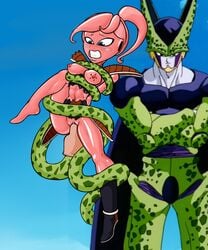 1boy armor blue_eyes breasts cell_(dragon_ball) dragon_ball dragon_ball_xenoverse dragon_ball_z female female_majin majin male original_character penetration pussy rape saiyan_armor standing suckers sucking suspended suspension torn_clothes vaginal_penetration velenor xenoverse_protagonist