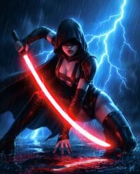 1girls ai_generated female female_focus hi_res high_resolution hires hooded lightning lightsaber looking_at_viewer mask masked masked_female mildlyflirty night night_sky original original_character outdoors outside rain raining red_lightsaber reflection scars sith sith_lady solo star_wars upscaled wet wet_body