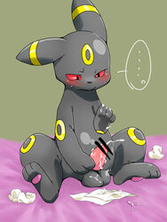 ... balls black_fur blush censored cum eeveelution feral fur hitsuzi_taro11 male male_only masturbation nintendo penis pokemon red_eyes sitting solo sweat tissue umbreon video_games yellow_fur