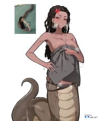 1girls black_hair blush dark-skinned_female female_only half_animal half_human nisp_art panties_aside pubic_hair towel_over_breasts towel_wrap