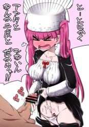 >_< 1boy 1girls bar_censor black_dress bleach blush censored cum cum_on_breasts cum_on_clothes cum_on_lower_body cumdrip dokugamine_riruka dress dress_lift female full-face_blush fullbringer green_nails handjob hanya_(hanya_yashiki) hat long_hair male nail_polish open_mouth panties panty_pull penis pubic_hair purple_eyes purple_hair solo_focus standing text translation_request very_long_hair white_panties