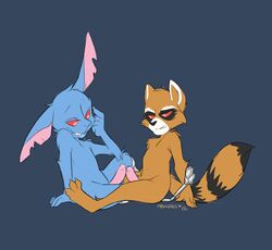 2015 2boys anthro blackjack_o'hare buckteeth duo erection frottage gay guardians_of_the_galaxy humanoid_penis interspecies lagomorph male male_only mammal marvel mewdles nude penis rabbit raccoon red_eyes rocket_raccoon sex sitting yaoi