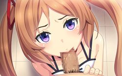 blush breasts censored clockup ero_manga!_h_mo_manga_mo_step-up fellatio female game_cg highres ichikura_miu long_hair looking_at_viewer oral orange_hair penis pubic_hair purple_eyes small_breasts solo_focus takurou takurou_(mix_fry) tied_hair twintails