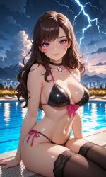 ai_generated bikini black_lingerie black_stockings brown_eyes brown_hair city city_background cityscape cleavage d.va face_focus highres lightning long_brown_hair long_hair looking_at_viewer medium_breasts mirresex non-nude overwatch panties pool poolside pretty pretty_girl self_upload sitting stockings storm tagme thunderstorm wavy_hair