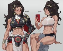 1girls abs armor armored_female black_hair blizzard_entertainment blush fanart femdom large_breasts marzia_bartalotti muscular muscular_female overwatch overwatch_2 ponytail ratatatat74 red_eyes size_difference thighs vendetta video_game_character