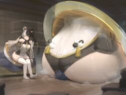 2girls ass ass_body belle_(zenless_zone_zero) black_hair blue_hair china_dress chinese_clothes commentary_request dialyn_(zenless_zone_zero) dress expansion female_focus full_body giant giantess gloves growth long_hair multicolored_hair multiple_girls portal portal_(object) portal_sex sitting sitting_on_person solo thighhighs tsuchiro_(fgnj3324) twintails two-tone_hair white_dress white_hair yellow_eyes zenless_zone_zero