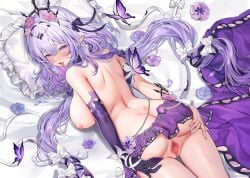 armpit_crease back bare_shoulders bed black_tiara blush bow breasts bug butterfly butterfly_earrings castorice_(honkai:_star_rail) censored clitoral_hood clitoris commentary_request dakimakura_(medium) earrings elbow_gloves female flower from_behind gloves hair_between_eyes hair_flower hair_intakes hair_ornament hairbow hands_on_own_ass highres honkai:_star_rail honkai_(series) jewelry large_breasts long_hair looking_at_viewer looking_back machi_(machi0910) median_furrow miniskirt mosaic_censoring nipples no_panties on_bed open_mouth paid_reward_available pillow pink_flower pointy_ears purple_bow purple_butterfly purple_eyes purple_gloves purple_hair purple_skirt pussy shoulder_blades sidelocks single_elbow_glove skirt solo spread_pussy spreading_own_pussy sweat swimsuit thighs tiara tongue tongue_out topless_female twitter_username upper_body
