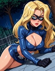 ai_generated artist_name bangs belt black_belt black_gloves blonde_hair blue_eyes blue_jacket blue_skirt blush breasts bush cleavage cleavage_cutout closed_mouth clothing clothing_cutout crop_top domino_mask erotica_jones eye_mask female female female_only gloves jacket jousneystudio large_breasts lips lipstick long_hair long_sleeves looking_at_viewer lying makeup mask midriff miniskirt night night_sky on_side outdoors patreon_logo patreon_username red_lips shiny_clothes shiny_skin skirt sky solo stripperella stripperella_(character) thighs tree trembling web_address zipper zipper_pull_tab