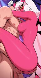 ai_generated balls breasts butt carrying hair hand_on_butt helluva_boss horn horns hourglass_figure long_hair medium_breasts naked nipples nude penis penis_in_pussy pink_body pink_hair pink_skin sensura sex succubus two-tone_hair vaginal vaginal_penetration verosika_mayday_(helluva_boss) white_hair wing wings yellow_sclera