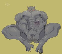 abs absurd_res anthro anus balls barazoku blaidd_(elden_ring) blush body_hair canid canine canis chest_hair claws elden_ring erection fangs feet fromsoftware fur genitals glans grey_body grey_fur hairy hairy_balls hi_res male male_on_bottom mammal muscle_bottom muscular muscular_anthro muscular_male nipples on_bottom pecs penis pinumontbalou simple_background solo submissive submissive_anthro submissive_male teeth toe_claws wolf
